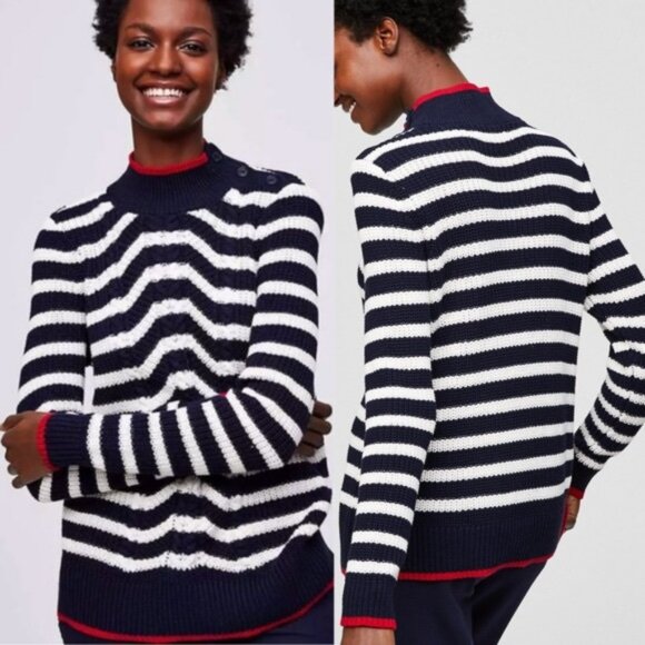 LOFT Navy Blue, White, Red Striped Nautical Chunky Sweater - Picture 1 of 8